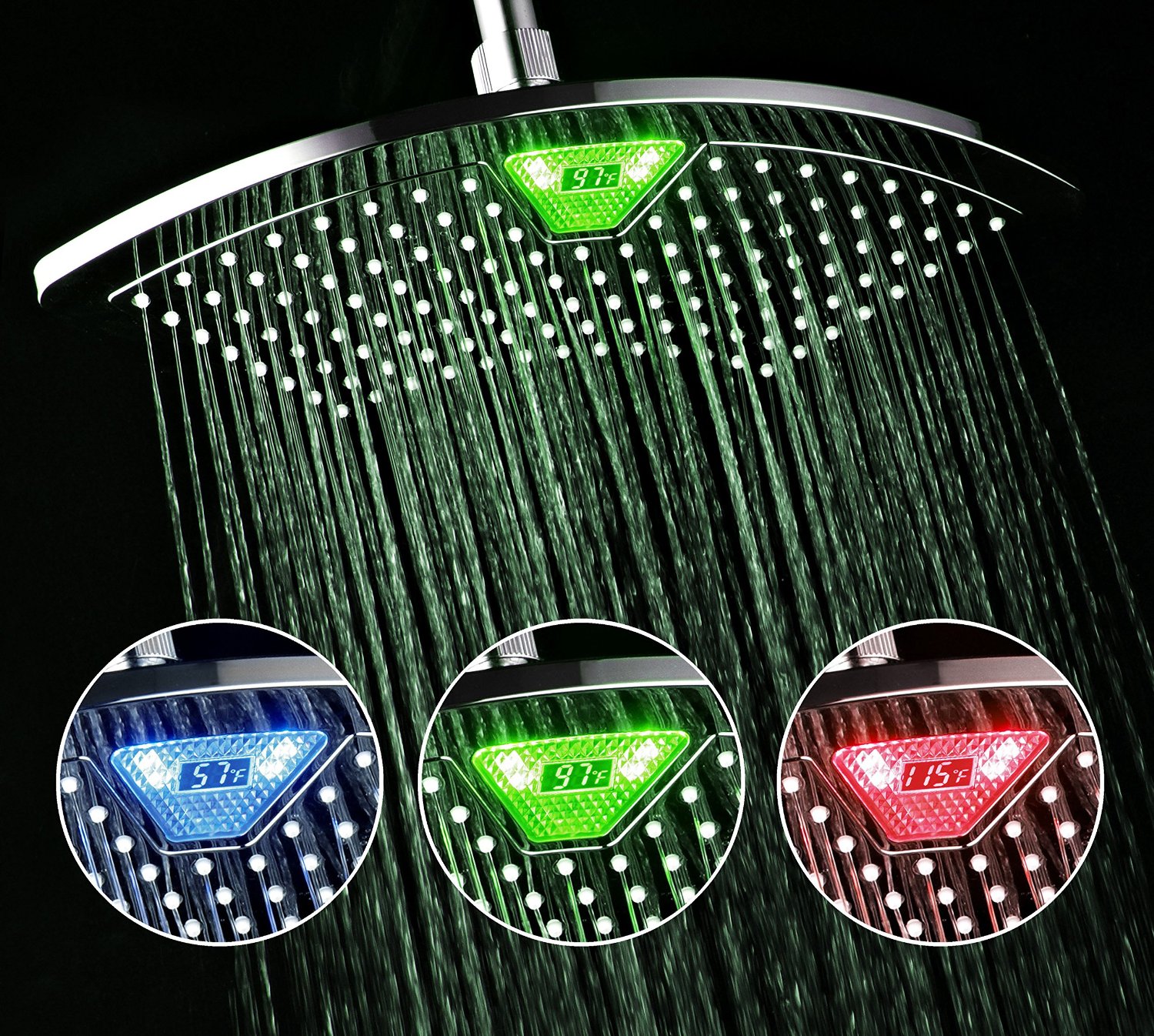 DreamSpa AquaFan 12 inch All-Chrome Rainfall-LED-Shower-Head with Color-Changing LED/LCD Temperature Display